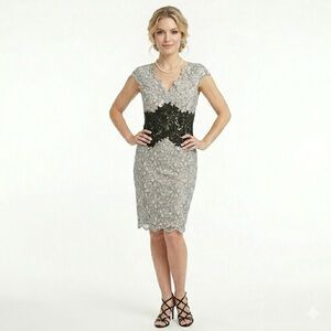 Tadashi Shoji Black White Silver Lace Cap Sleeve Formal Cocktail Dress Size 14